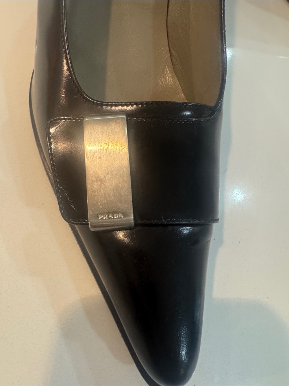 Prada Black Patent Leather Pointed Toe Mid Block Heel Pumps - Picture 4 of 17
